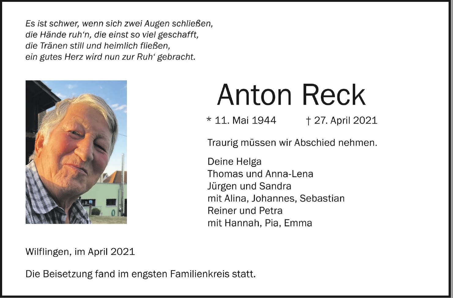Traueranzeige Anton Reck